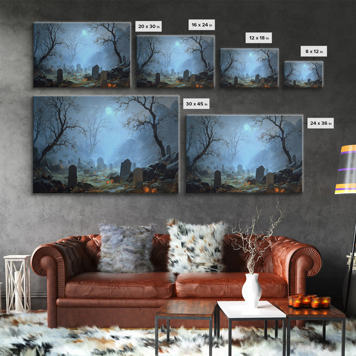 The Moonlit Cemetery, Baroque Witchcraft Art, Landscape Wall Art, Gothic Horror Wall Art, Framed Canvas Print, Halloween Wall Art