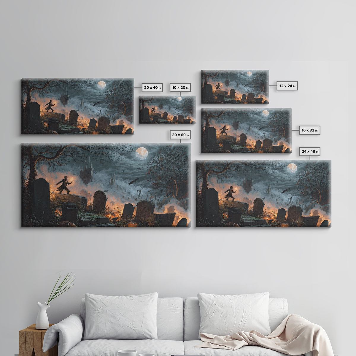 The Moonlit Cemetery, Apocalyptic Romantic Art, Wide Panoramic Art, Macabre Wall Art, Framed Canvas Print, Halloween Wall Art