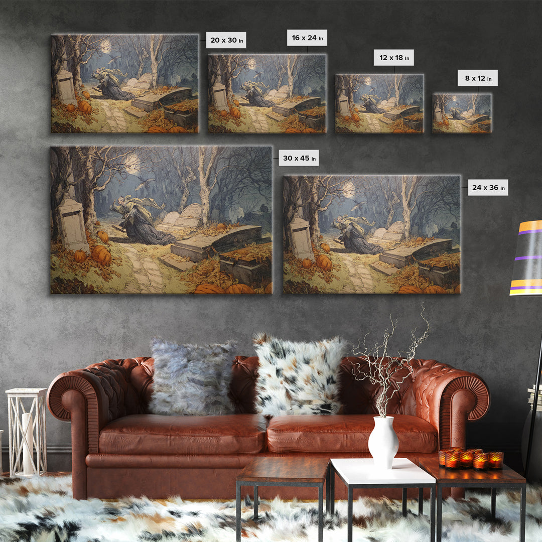 The Moonlit Cemetery, Symbolist Etching Art, Landscape Wall Art, Dark Fantasy Wall Art, Canvas Print, Halloween Wall Art