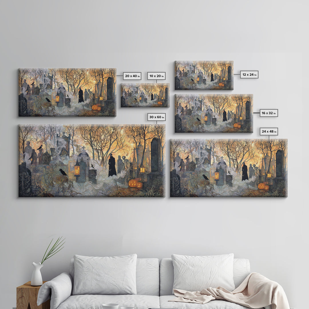 The Moonlit Cemetery, Grotesque Carnival Art, Wide Panoramic Art, Gothic Horror Wall Art, Framed Canvas Print, Halloween Wall Art