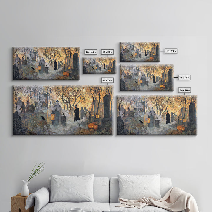 The Moonlit Cemetery, Grotesque Carnival Art, Wide Panoramic Art, Gothic Horror Wall Art, Framed Canvas Print, Halloween Wall Art