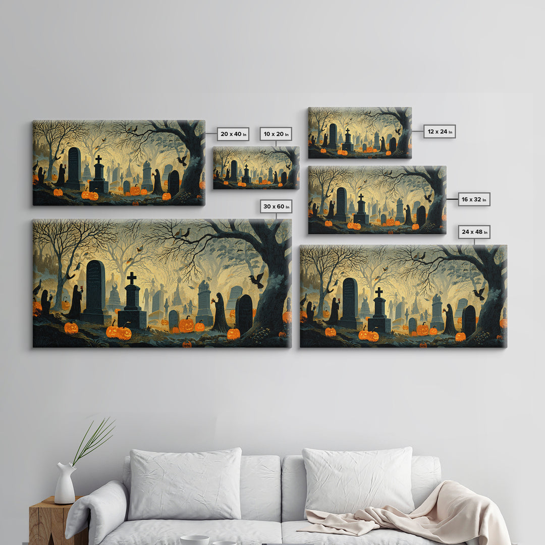 The Moonlit Cemetery, Macabre Folk Print Art, Wide Panoramic Art, Dark Fantasy Wall Art, Canvas Print, Halloween Wall Art