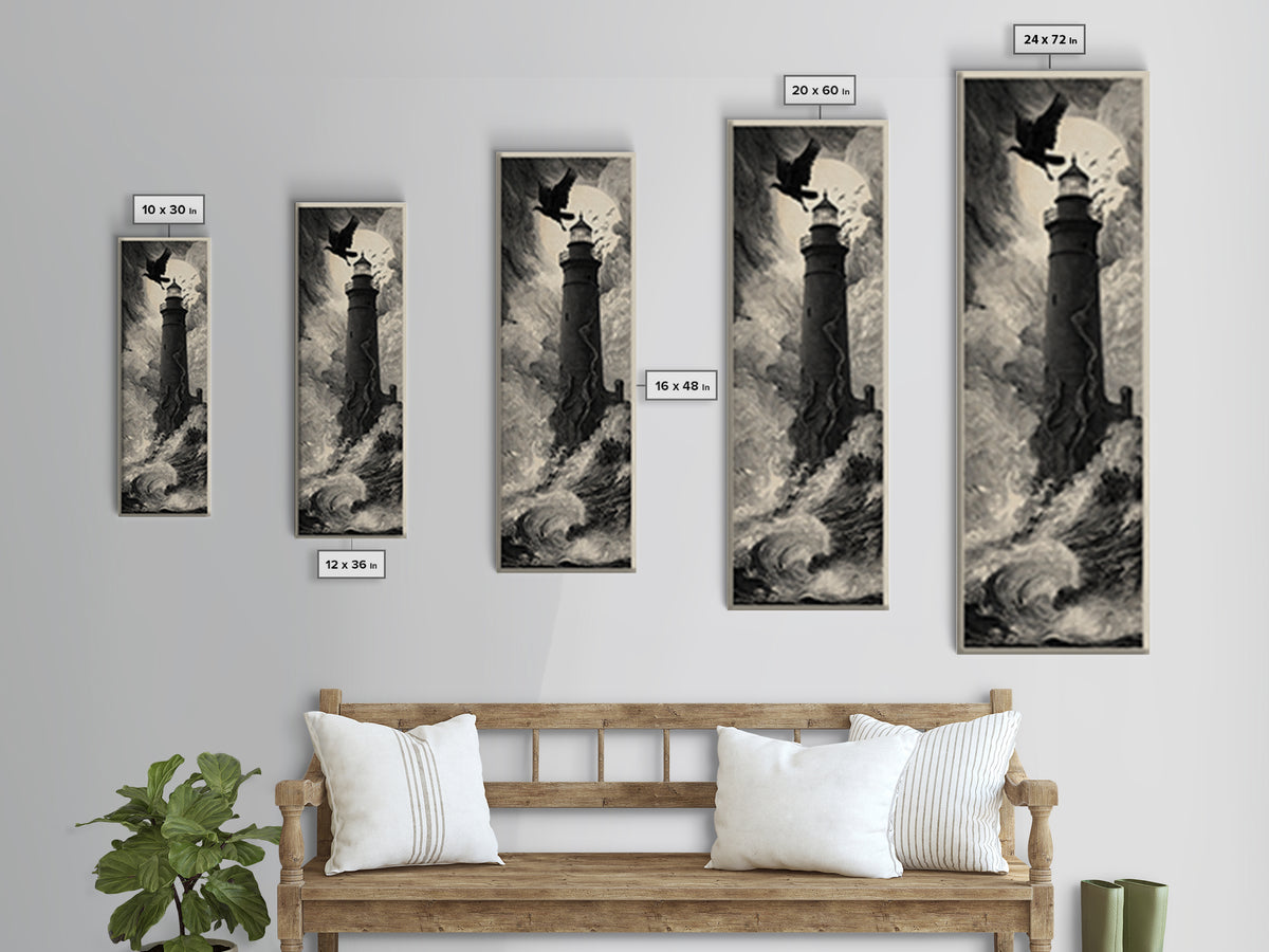 The Cursed Lighthouse, Gothic Engraving Art, Tall Narrow Wall Art, Dark Fantasy Wall Art, Framed Canvas Print, Halloween Wall Art