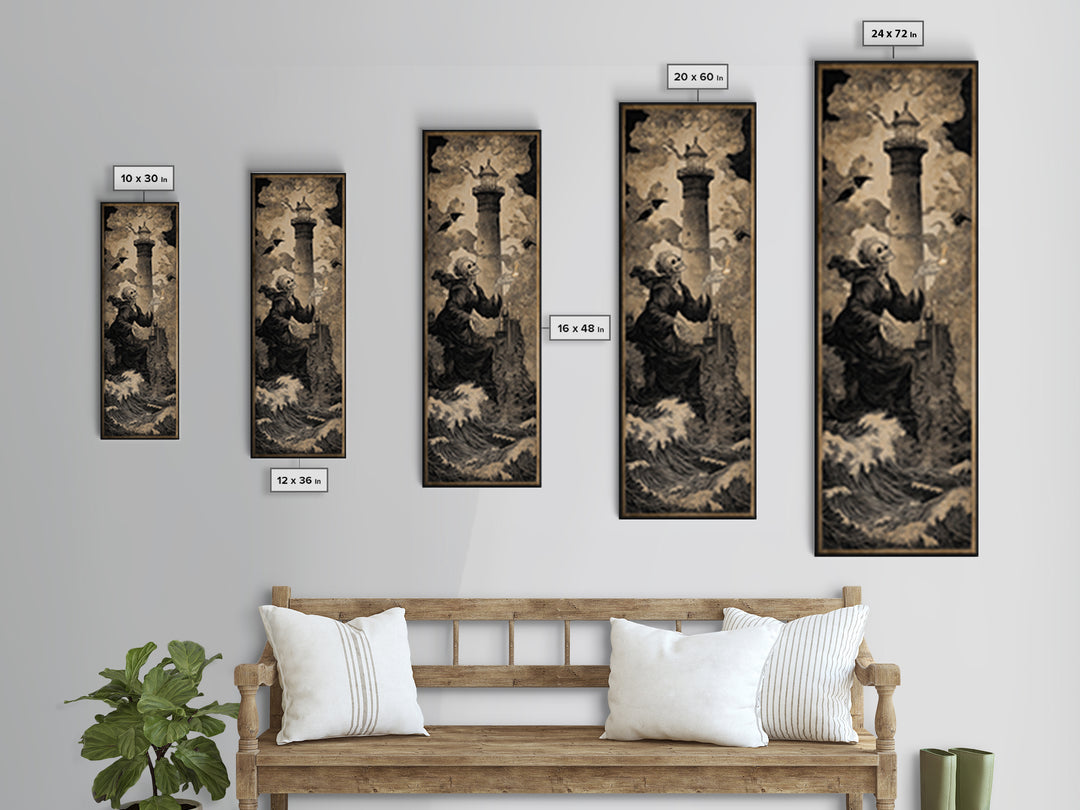 The Cursed Lighthouse, Danse Macabre Art, Tall Narrow Wall Art, Macabre Wall Art, Framed Canvas Print, Halloween Decor