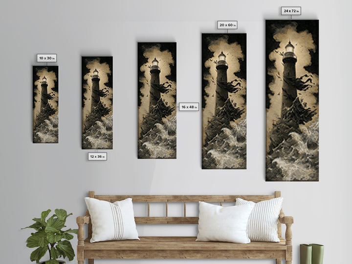 The Cursed Lighthouse, Baroque Witchcraft Art, Tall Narrow Wall Art, Macabre Wall Art, Framed Canvas Print, Halloween Wall Art