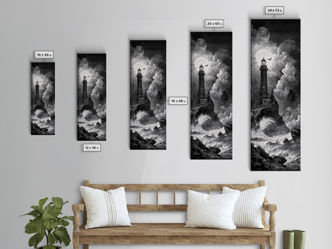 The Cursed Lighthouse, Architectural Etching Art, Tall Narrow Wall Art, Macabre Wall Art, Canvas Print, Halloween Wall Art