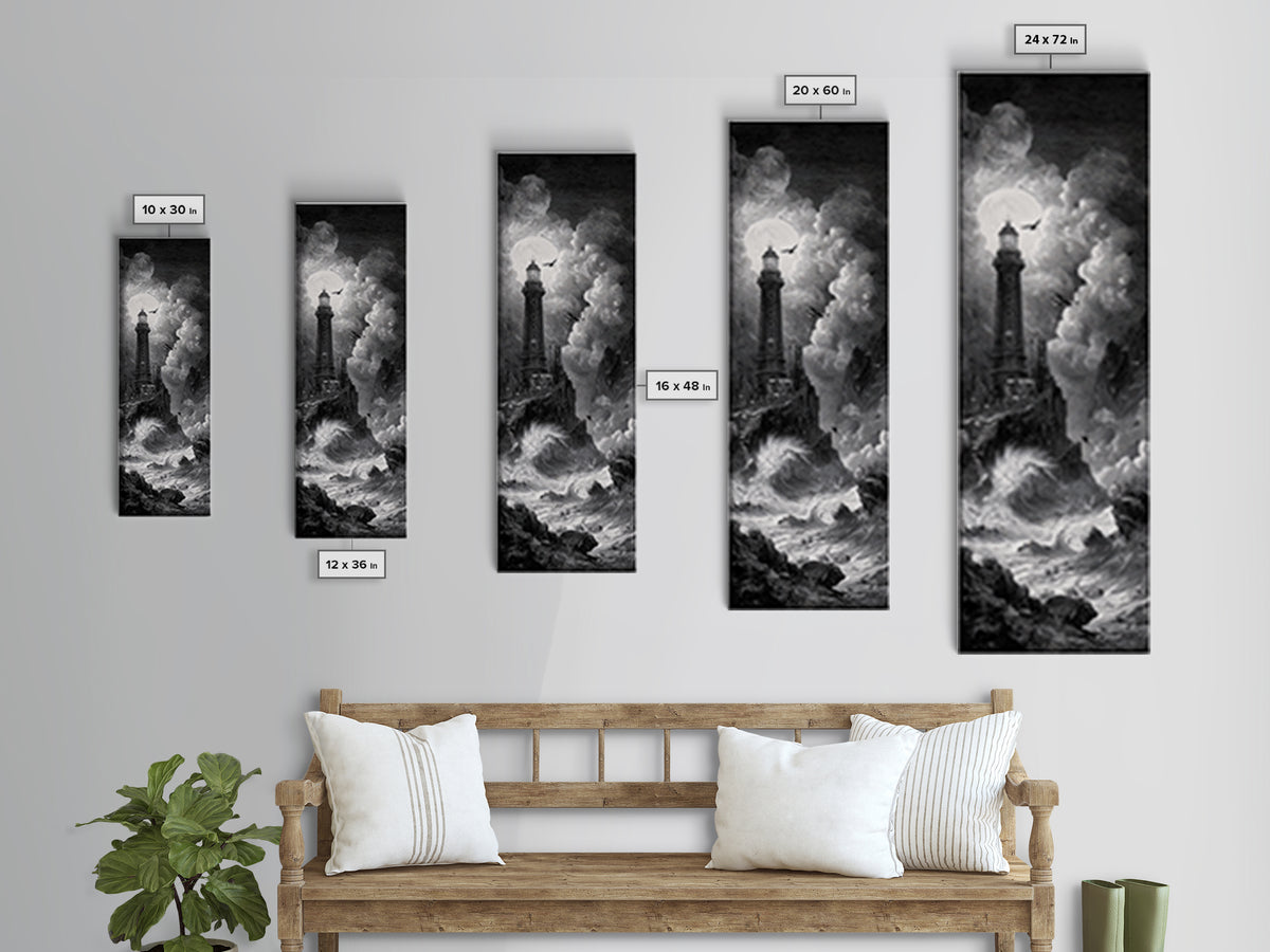 The Cursed Lighthouse, Architectural Etching Art, Tall Narrow Wall Art, Macabre Wall Art, Canvas Print, Halloween Wall Art