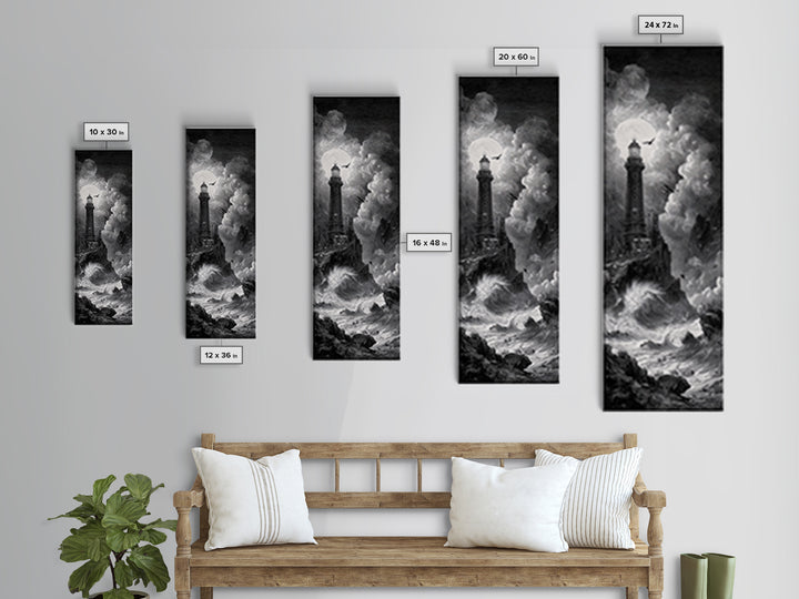 The Cursed Lighthouse, Architectural Etching Art, Tall Narrow Wall Art, Macabre Wall Art, Canvas Print, Halloween Wall Art