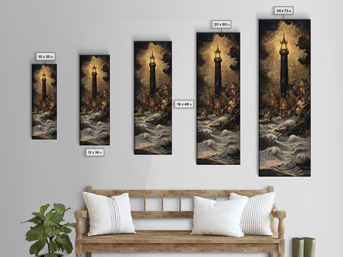 The Cursed Lighthouse, Ornate Symbolist Art, Tall Narrow Wall Art, Dark Halloween Decor, Framed Canvas Print, Halloween Wall Art