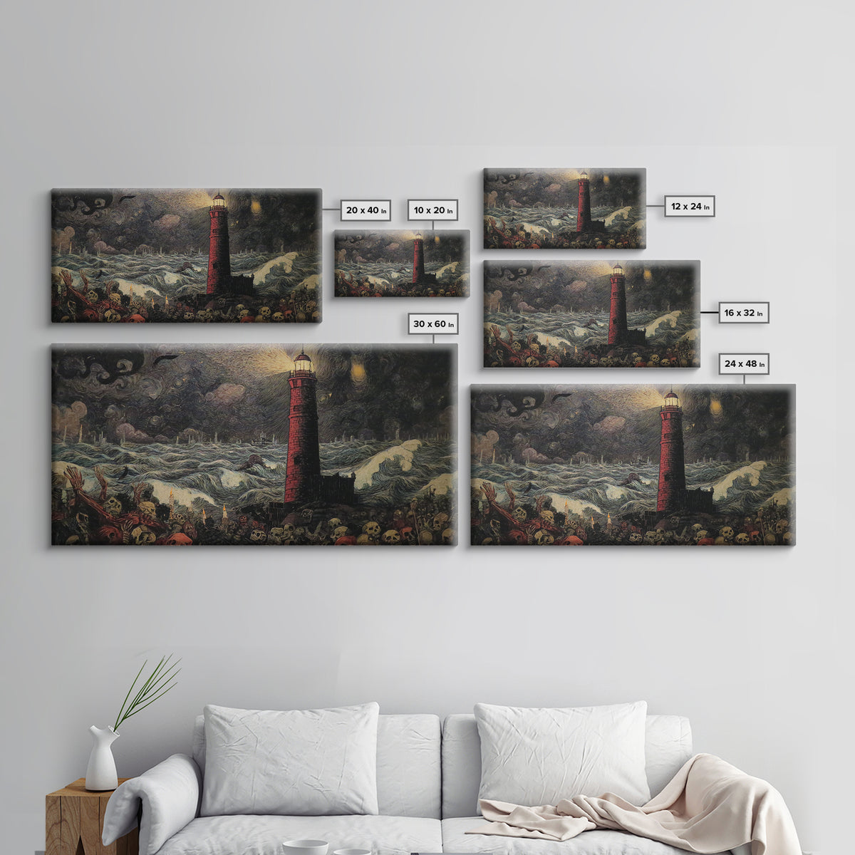The Cursed Lighthouse, Grotesque Carnival Art, Wide Panoramic Art, Dark Fantasy Wall Art, Canvas Print, Halloween Wall Art