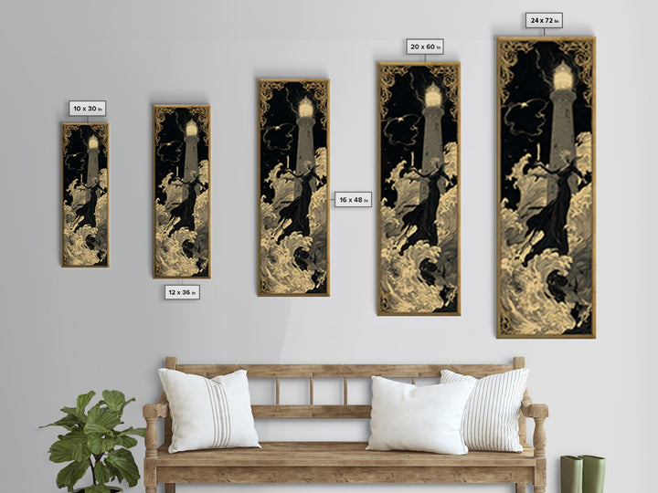 The Cursed Lighthouse, Decadent Line Art, Tall Narrow Wall Art, Dark Halloween Decor, Canvas Print, Halloween Wall Art