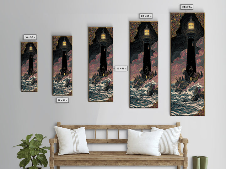 The Cursed Lighthouse, Stained Glass Gothic Art, Tall Narrow Wall Art, Dark Halloween Decor, Framed Canvas Print, Halloween Wall Art