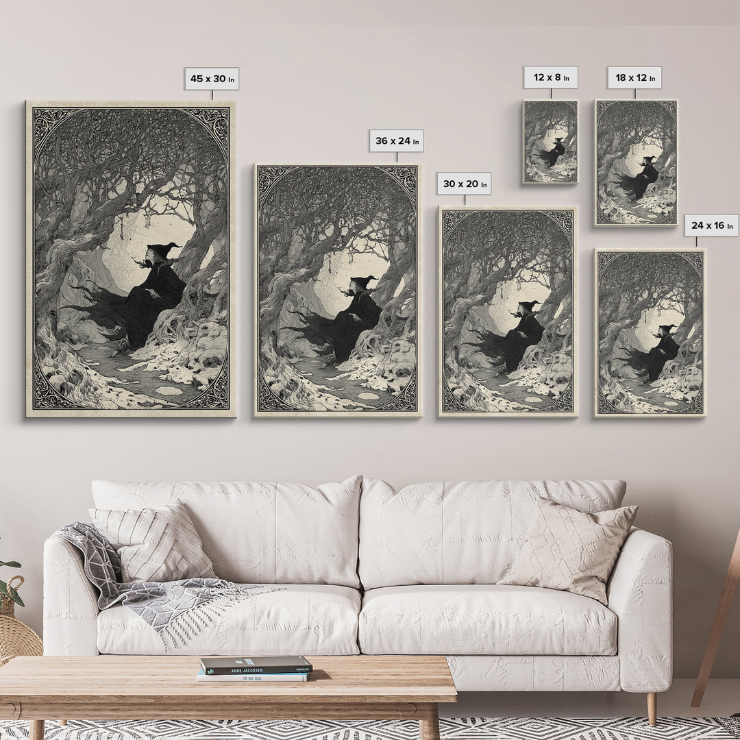 The Witch'S Forest, Decadent Line Art, Vertical Wall Art, Macabre Wall Art, Canvas Print, Halloween Wall Art, Gothic Home Decor
