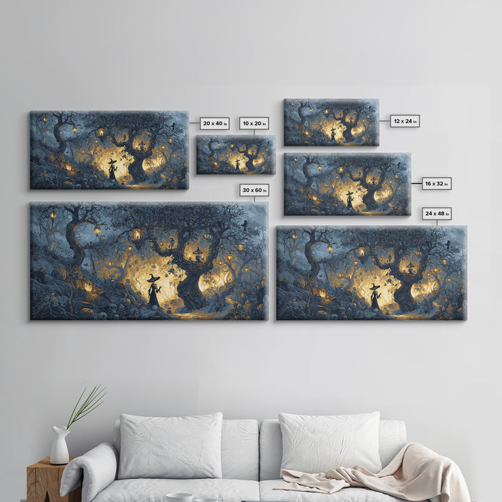 The Witch'S Forest, Macabre Folk Print Art, Wide Panoramic Art, Macabre Wall Art, Canvas Print, Halloween Wall Art
