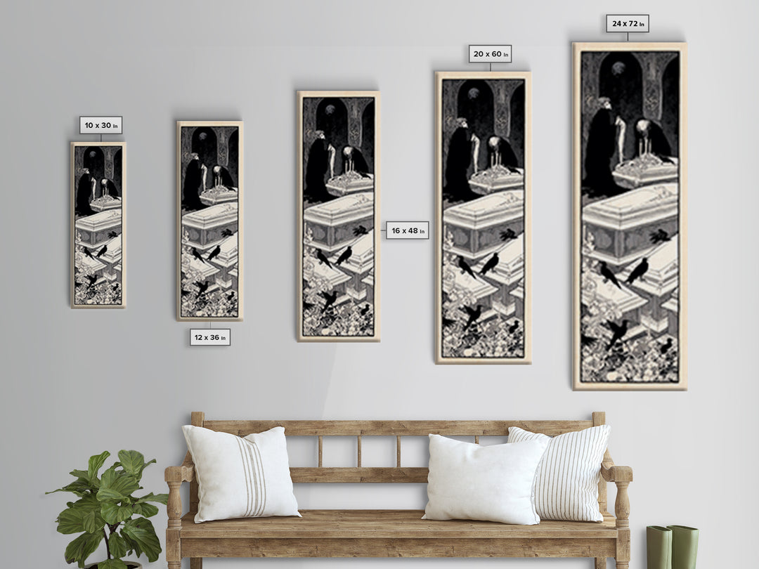 The Forgotten Crypt, Decadent Line Art, Tall Narrow Wall Art, Gothic Horror Wall Art, Framed Canvas Print, Halloween Wall Art