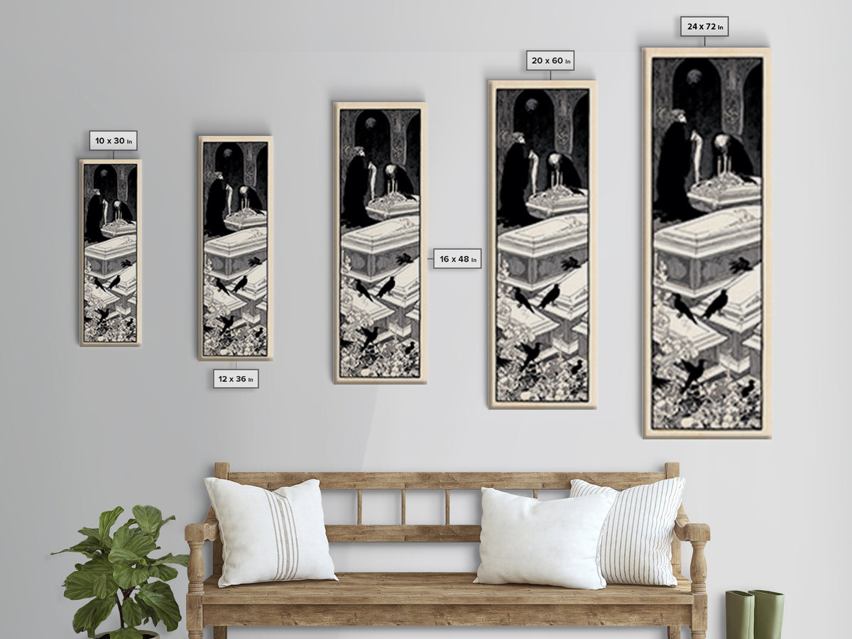 The Forgotten Crypt, Decadent Line Art, Tall Narrow Wall Art, Gothic Horror Wall Art, Framed Canvas Print, Halloween Wall Art