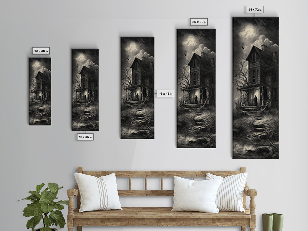 The Possessed Farmhouse, Gothic Engraving Art, Tall Narrow Wall Art, Macabre Wall Art, Canvas Print, Halloween Wall Art