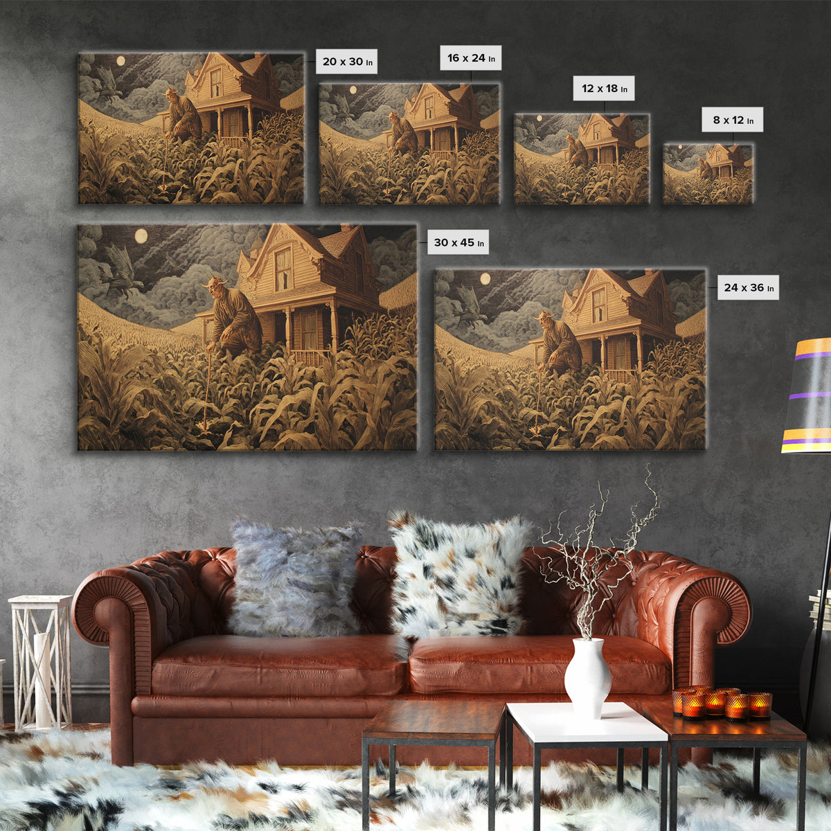 The Possessed Farmhouse, Medieval Grotesque Art, Landscape Wall Art, Dark Halloween Decor, Framed Canvas Print, Halloween Wall Art