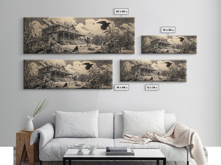 The Possessed Farmhouse, Renaissance Engraving Art, Extra Wide Wall Art, Dark Halloween Decor, Framed Canvas Print, Halloween Wall Art
