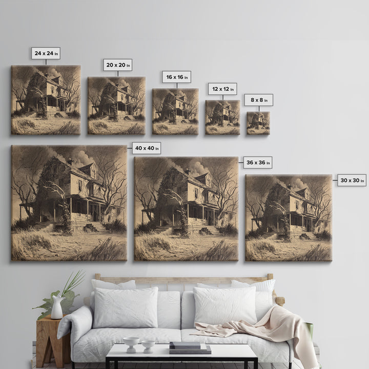 The Possessed Farmhouse, Symbolist Dream Art, Square Wall Art, Dark Halloween Decor, Canvas Print, Halloween Wall Art