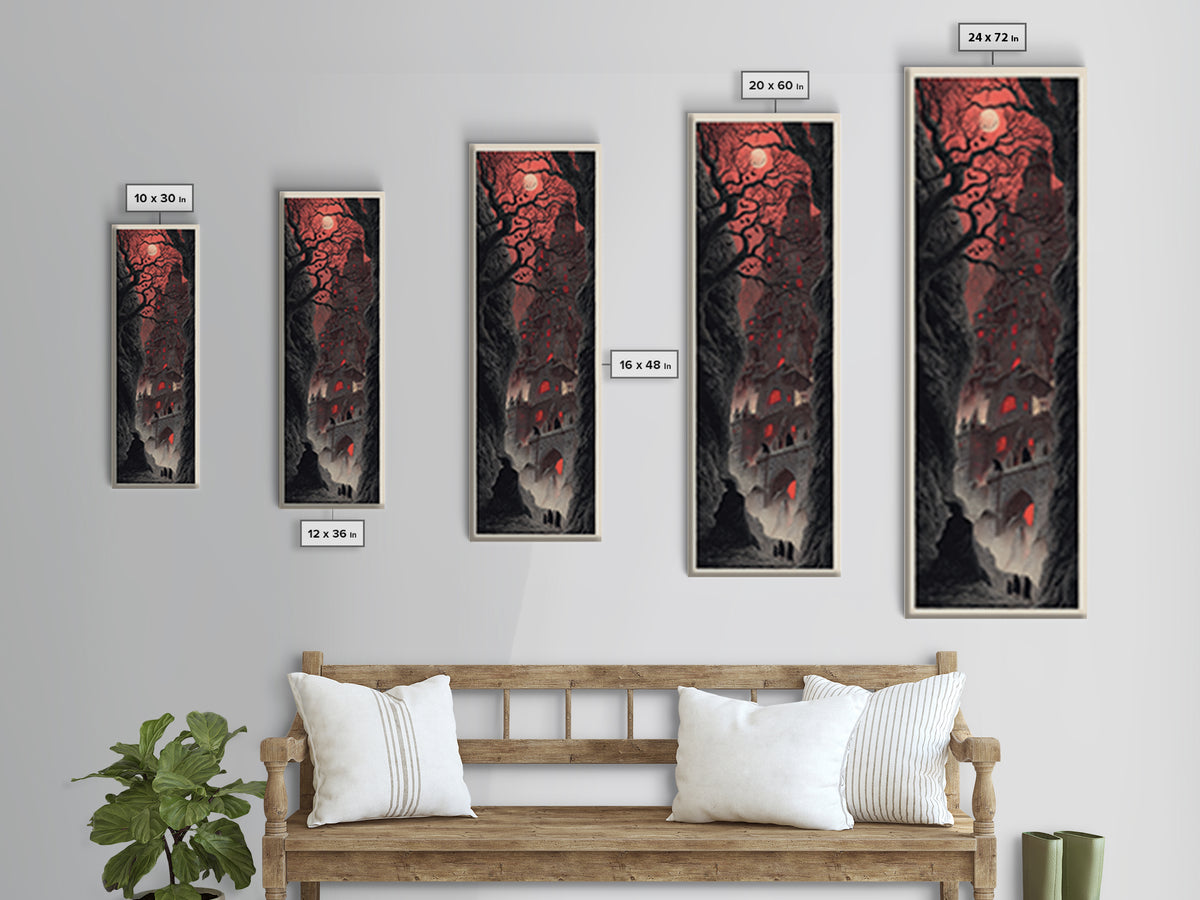 The Vampire Castle, Gothic Engraving Art, Tall Narrow Wall Art, Dark Halloween Decor, Canvas Print, Halloween Wall Art