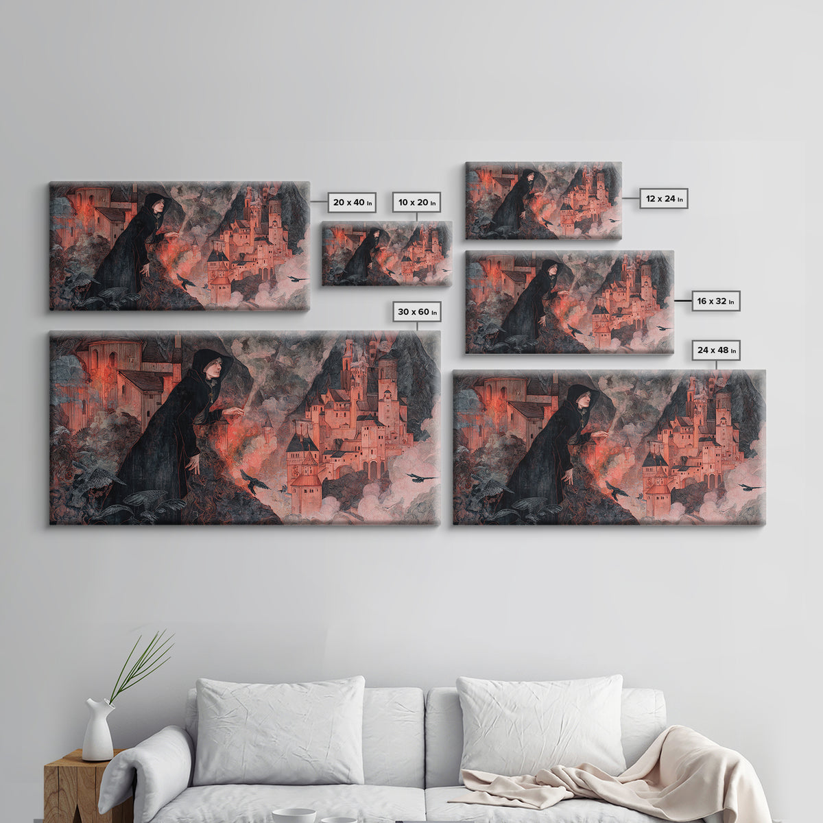 The Vampire Castle, Medieval Grotesque Art, Wide Panoramic Art, Gothic Horror Wall Art, Framed Canvas Print, Halloween Wall Art