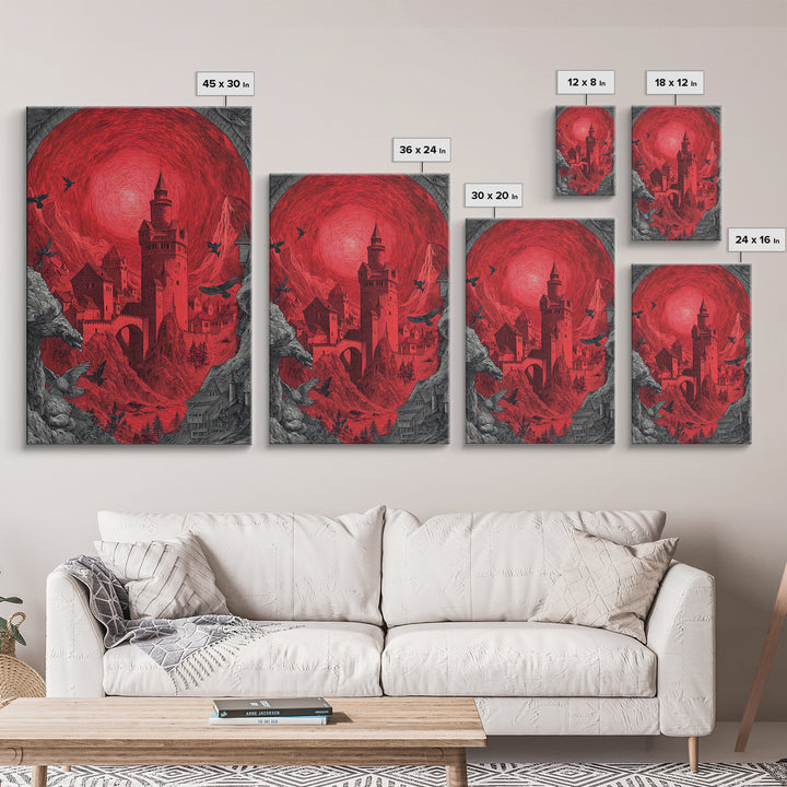 The Vampire Castle, Renaissance Engraving Art, Vertical Wall Art, Dark Halloween Decor, Framed Canvas Print, Halloween Wall Art