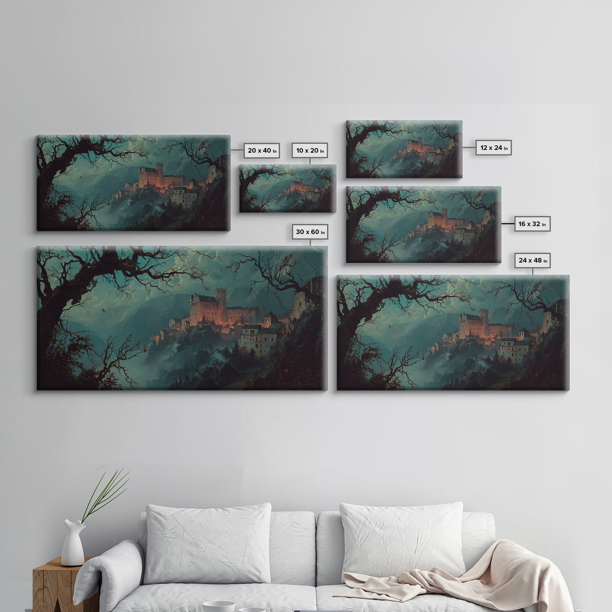 The Vampire Castle, Baroque Witchcraft Art, Wide Panoramic Art, Dark Fantasy Wall Art, Framed Canvas Print, Halloween Wall Art
