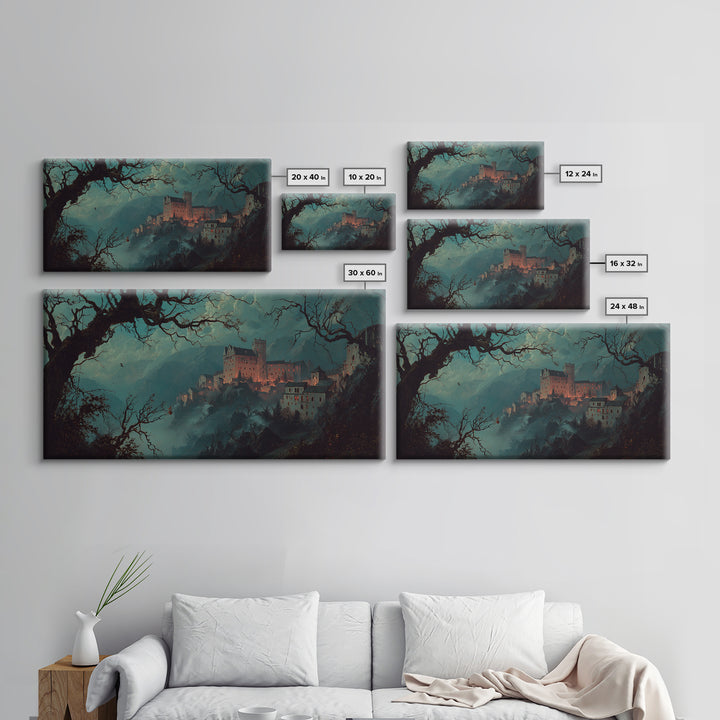 The Vampire Castle, Baroque Witchcraft Art, Wide Panoramic Art, Dark Fantasy Wall Art, Framed Canvas Print, Halloween Wall Art