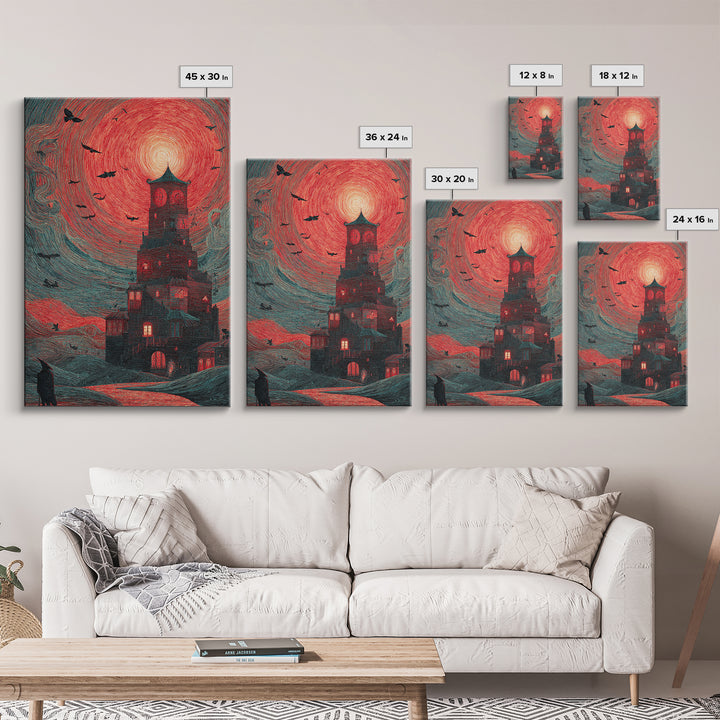 The Vampire Castle, Expressionist Gothic Art, Vertical Wall Art, Dark Halloween Decor, Canvas Print, Halloween Wall Art