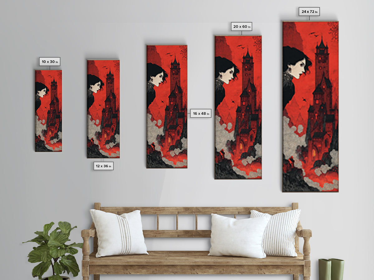 The Vampire Castle, Decadent Line Art, Tall Narrow Wall Art, Gothic Horror Wall Art, Framed Canvas Print, Halloween Wall Art