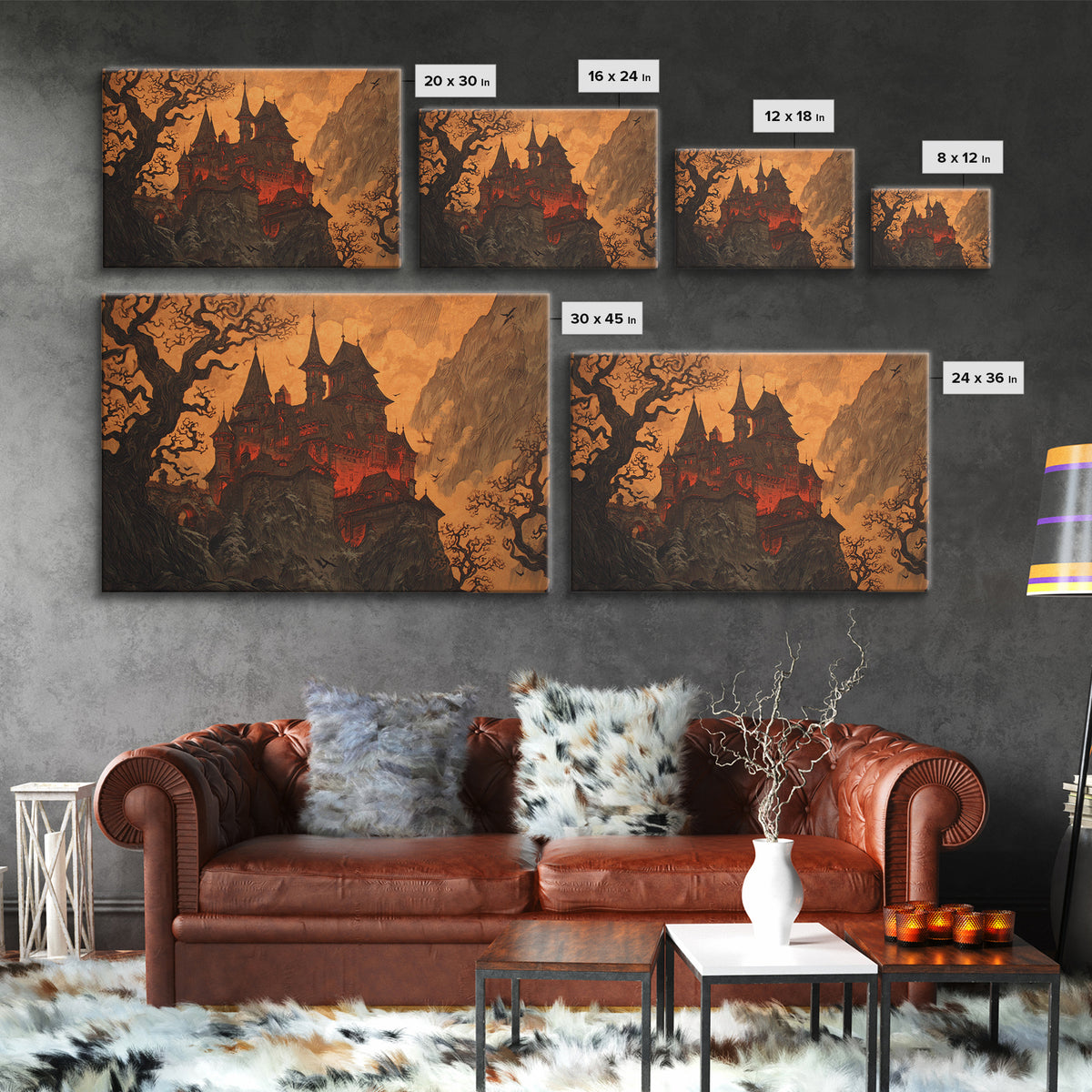 The Vampire Castle, Gothic Storybook Art, Landscape Wall Art, Dark Fantasy Wall Art, Framed Canvas Print, Halloween Wall Art