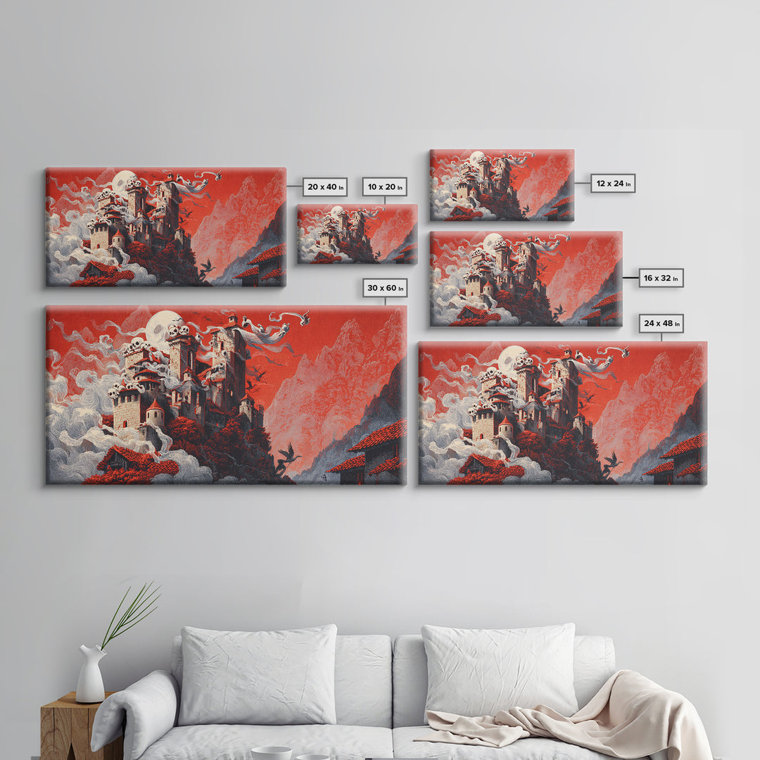 The Vampire Castle, Macabre Folk Print Art, Wide Panoramic Art, Dark Halloween Decor, Canvas Print, Halloween Wall Art