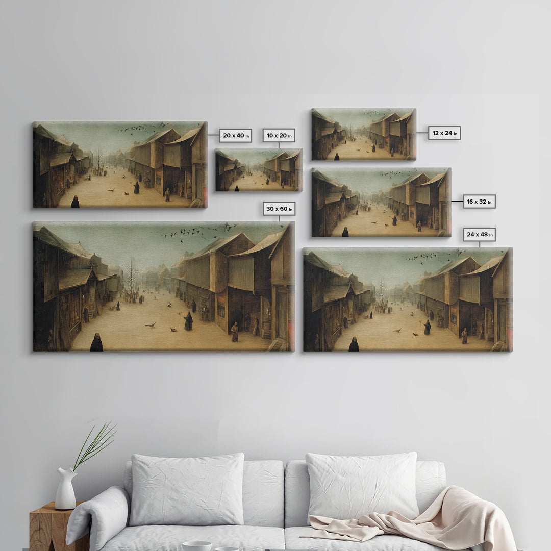 The Ghost Town Main Street, Northern Renaissance Horror, Wide Panoramic Art, Dark Halloween Decor, Framed Canvas Print