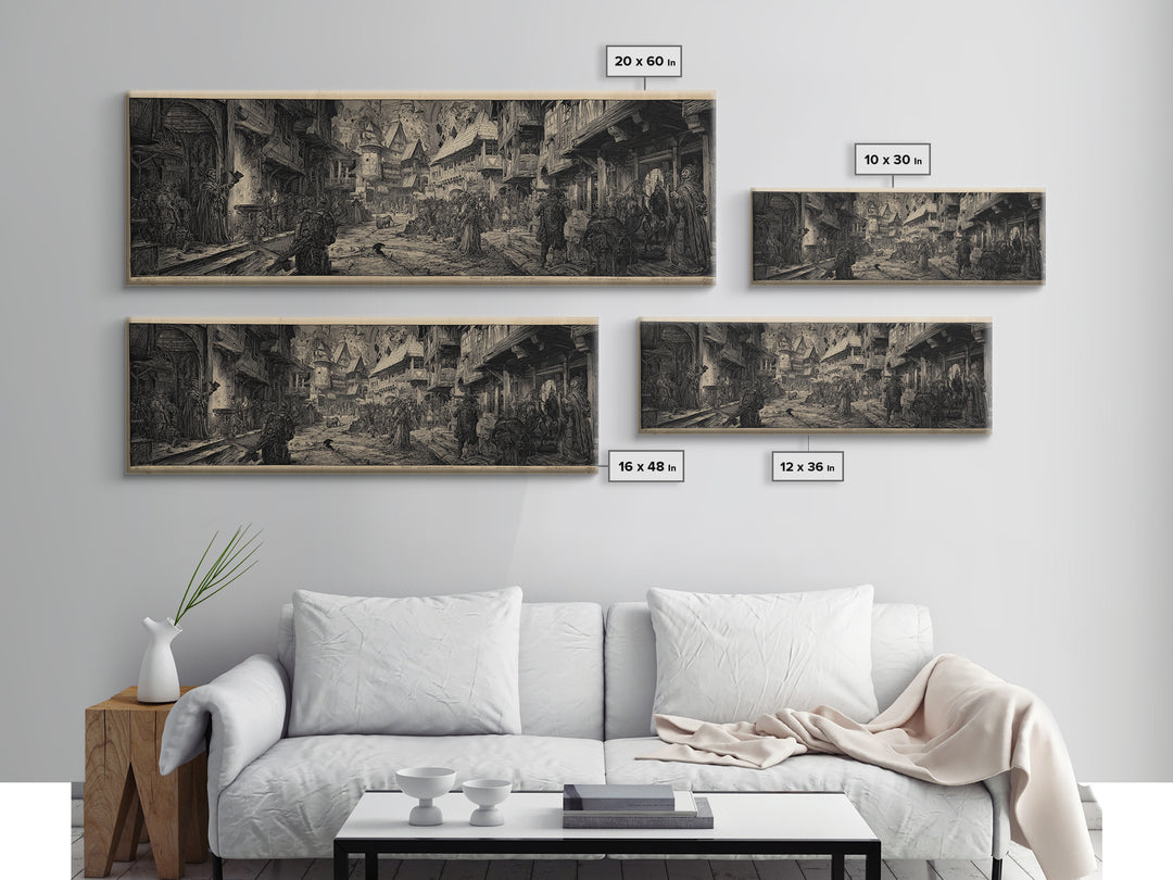 The Ghost Town Main Street, Renaissance Engraving Art, Extra Wide Wall Art, Dark Halloween Decor, Framed Canvas Print, Halloween Wall Art