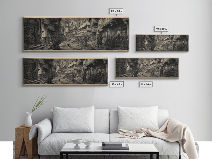 The Ghost Town Main Street, Renaissance Engraving Art, Extra Wide Wall Art, Dark Halloween Decor, Framed Canvas Print, Halloween Wall Art