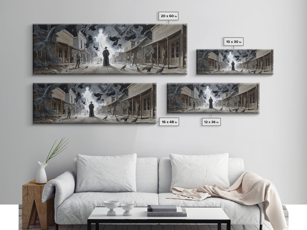 The Ghost Town Main Street, Visionary Gothic Art, Extra Wide Wall Art, Macabre Wall Art, Framed Canvas Print, Halloween Wall Art