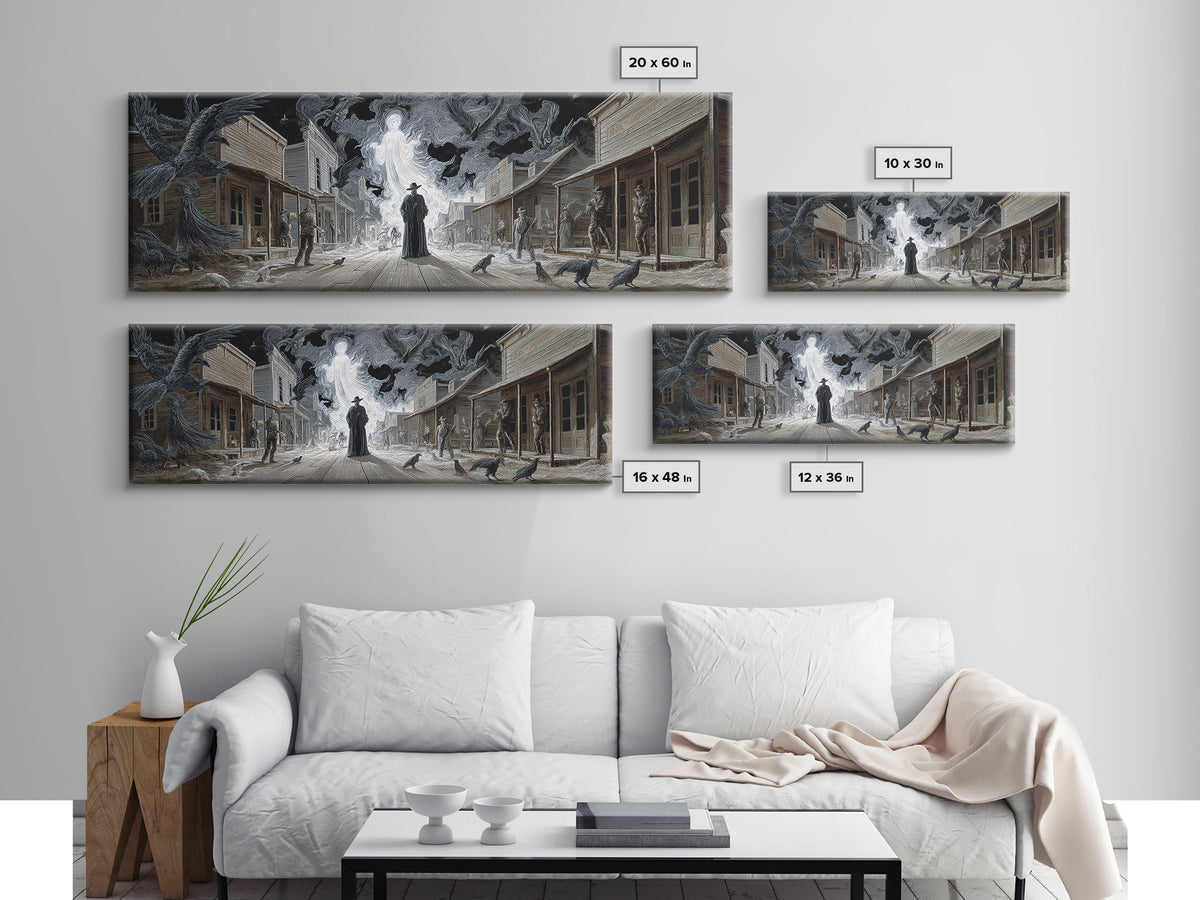 The Ghost Town Main Street, Visionary Gothic Art, Extra Wide Wall Art, Macabre Wall Art, Framed Canvas Print, Halloween Wall Art