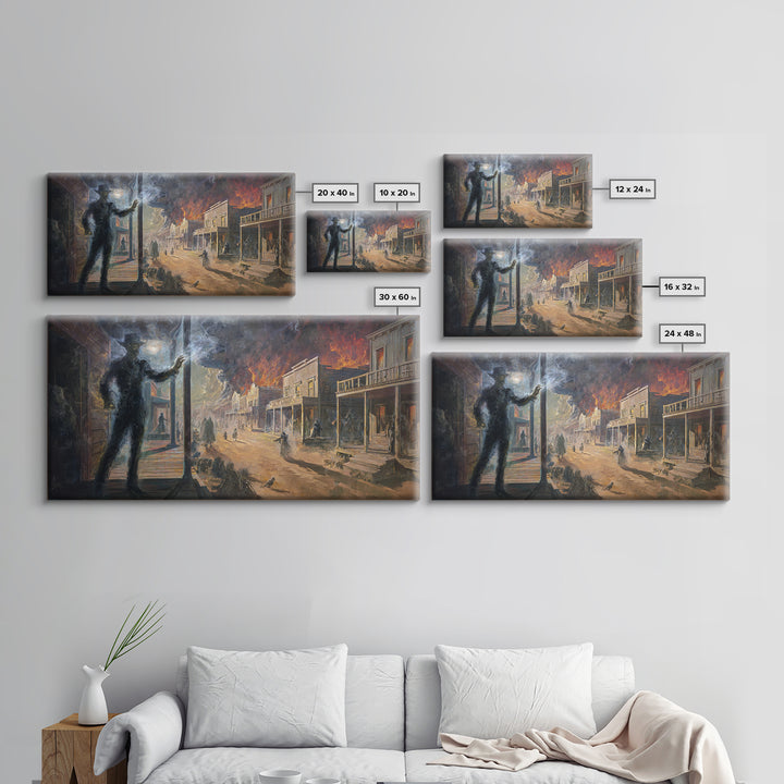 The Ghost Town Main Street, Apocalyptic Romantic Art, Wide Panoramic Art, Dark Fantasy Wall Art, Framed Canvas Print, Halloween Wall Art