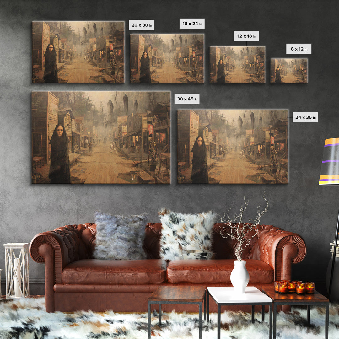 The Ghost Town Main Street, Symbolist Gothic Landscape, Landscape Wall Art, Macabre Wall Art, Framed Canvas Print, Halloween Wall Art