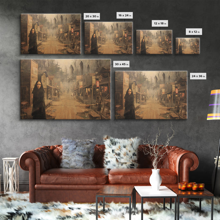 The Ghost Town Main Street, Symbolist Gothic Landscape, Landscape Wall Art, Macabre Wall Art, Framed Canvas Print, Halloween Wall Art