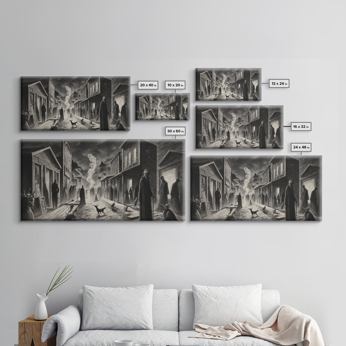 The Ghost Town Main Street, Expressionist Nightmare Art, Wide Panoramic Art, Dark Halloween Decor, Framed Canvas Print, Halloween Wall Art