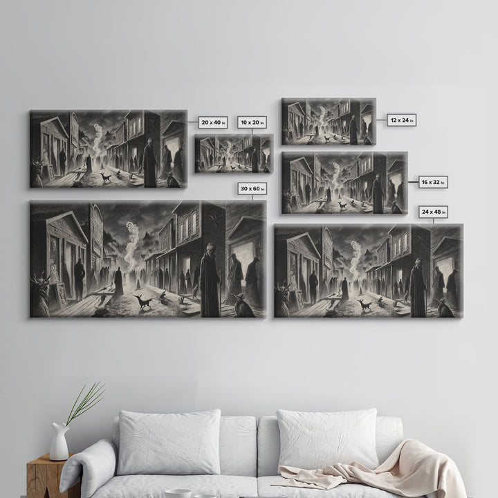 The Ghost Town Main Street, Expressionist Nightmare Art, Wide Panoramic Art, Dark Halloween Decor, Framed Canvas Print, Halloween Wall Art