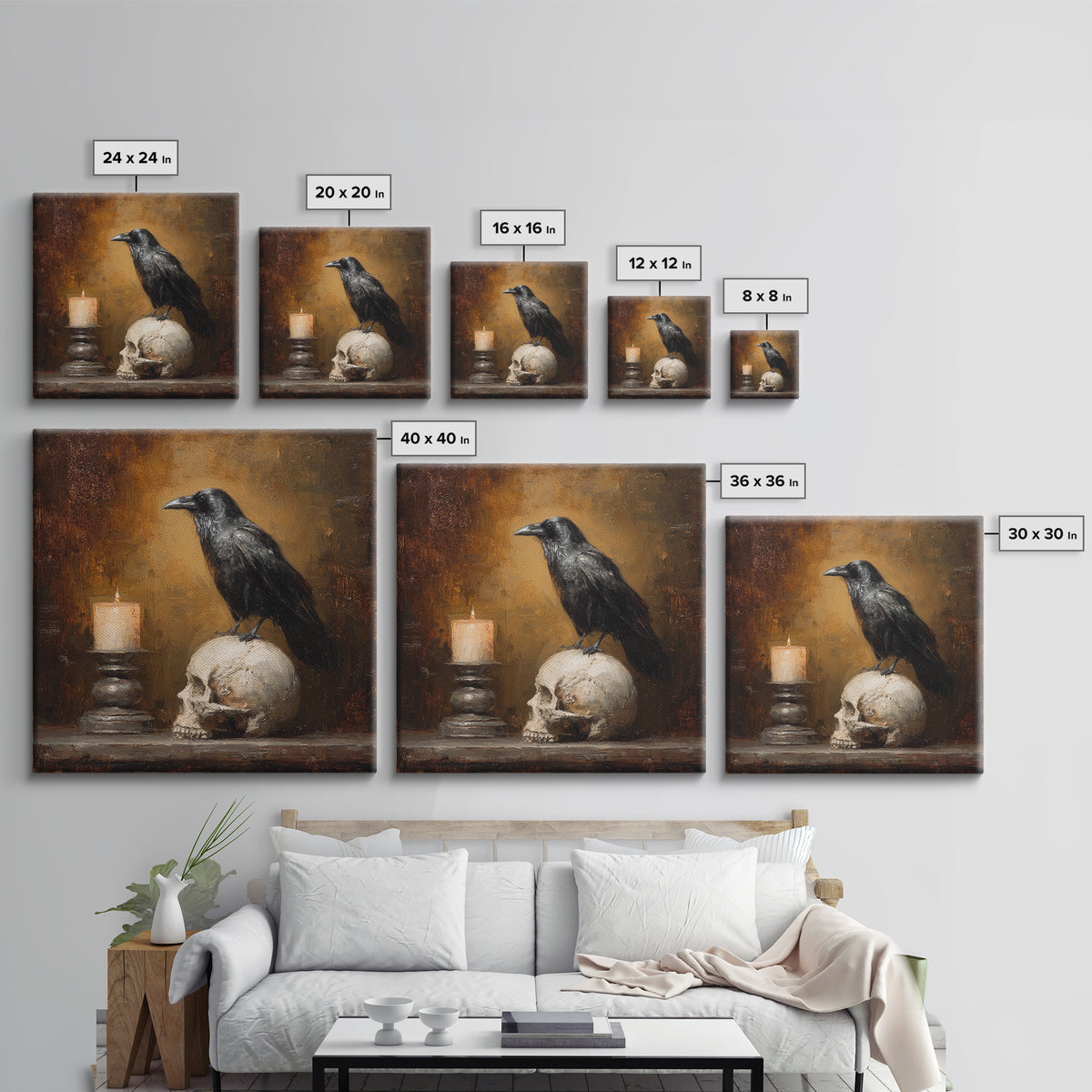 Raven Perched on a Skull Canvas Print, Dark Art, Room Decor, Living Room Decor, Fine Art, Nocturne, Digital Art, DAR-1x1-25