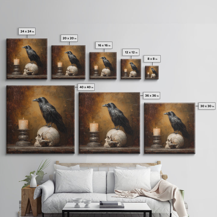 Raven Perched on a Skull Canvas Print, Dark Art, Room Decor, Living Room Decor, Fine Art, Nocturne, Digital Art, DAR-1x1-25