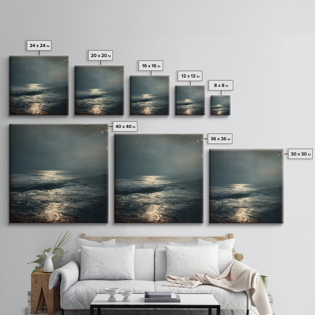 Stormy Sea under a Nearly Black Sky Framed Canvas Print, Dark Art, Textured Painting, Living Room Decor, Fine Art, Nocturne, DAR-1x1-29