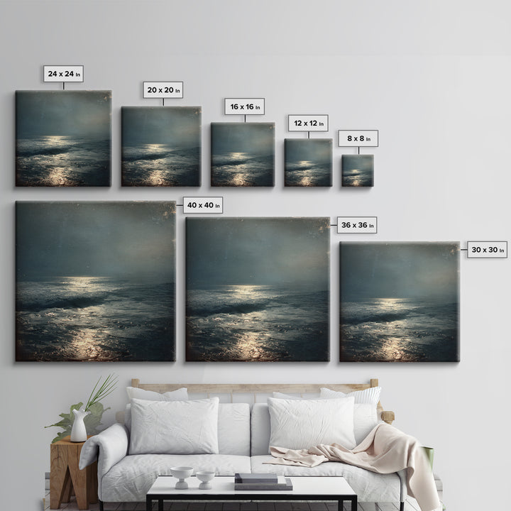 Stormy Sea under a Nearly Black Sky Framed Canvas Print, Dark Art, Textured Painting, Living Room Decor, Fine Art, Nocturne, DAR-1x1-29