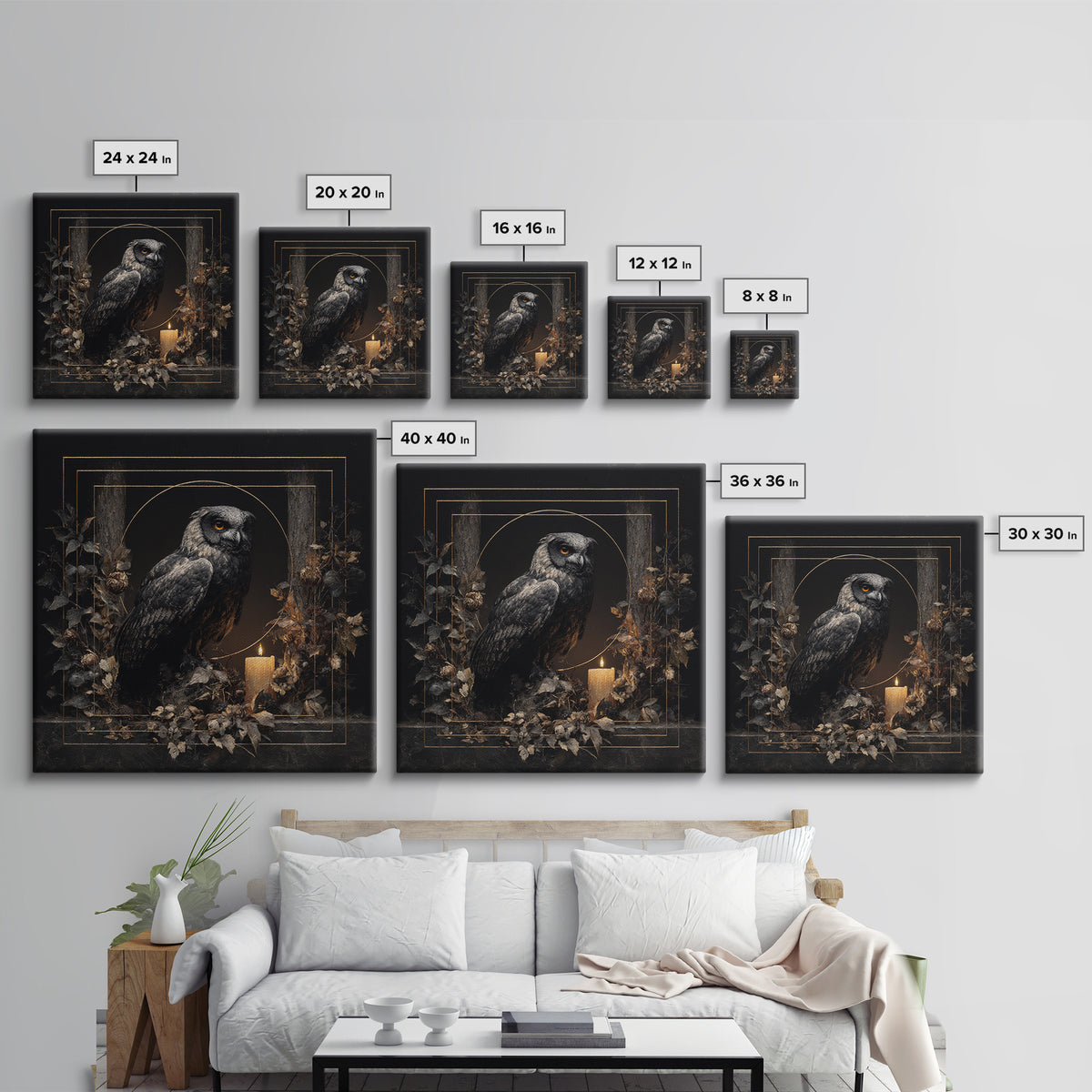 Owl in a Midnight Pine Forest Framed Canvas Print, Dark Art, Weird Art, Living Room Decor, Oil Painting, Nocturne, DAR-1x1-46