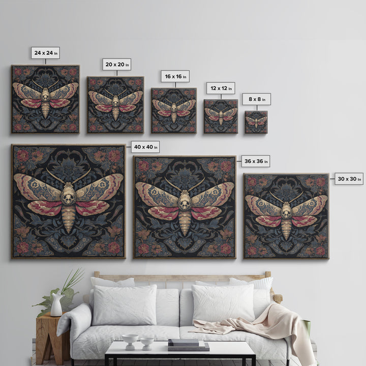 Moth with Skull Pattern on Black Ground Framed Canvas Print, Dark Art, Neutral Decor, Living Room Decor, Fine Art, Nocturne, DAR-1x1-63