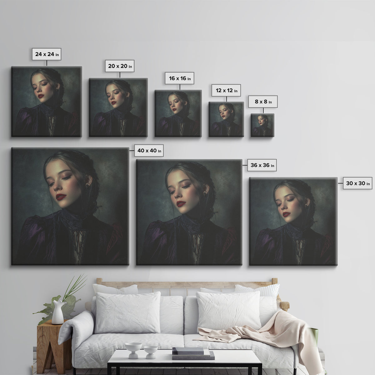 Vampire Inspired Portrait with Pale Dramatic Light Canvas Print, Dark Art, Minimalist Decor, Living Room Decor, Nocturne, DAR-1x1-85